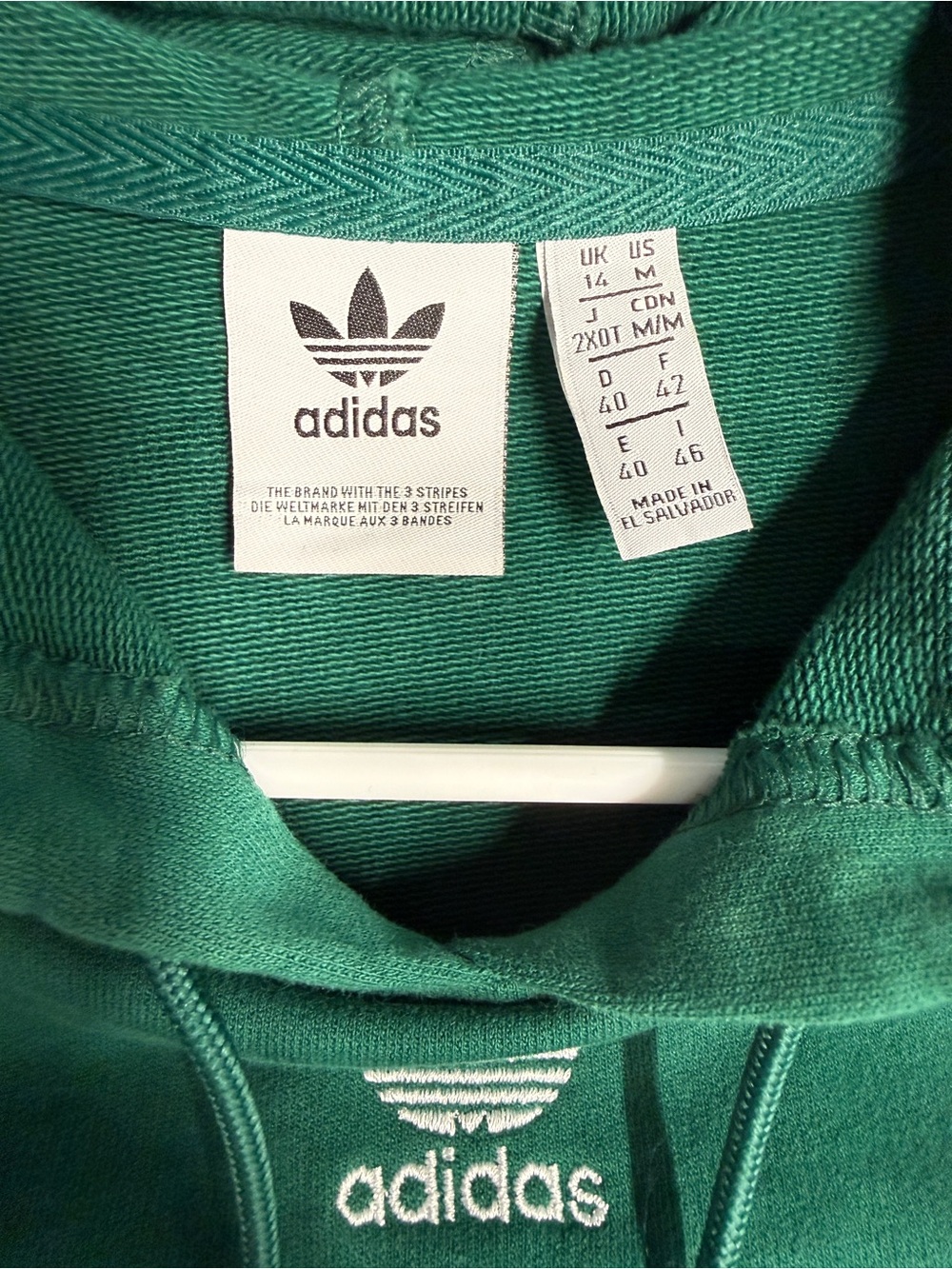 adidas Dark Green Trefoil Hoodie with White Shoulder Stripes - Picture 2 of 4